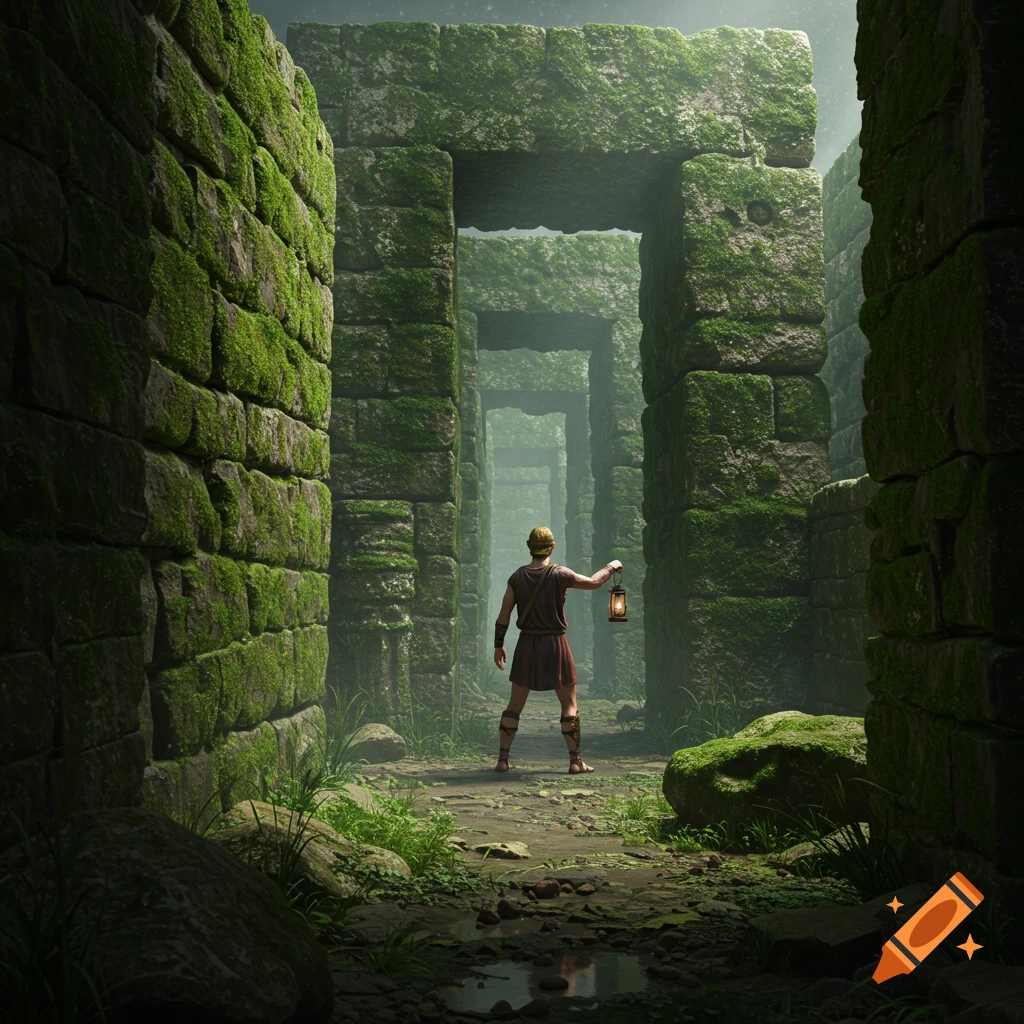 A person in a tunic holds a lantern, standing in a moss-covered stone labyrinth, looking into the misty distance. Photorealistic.