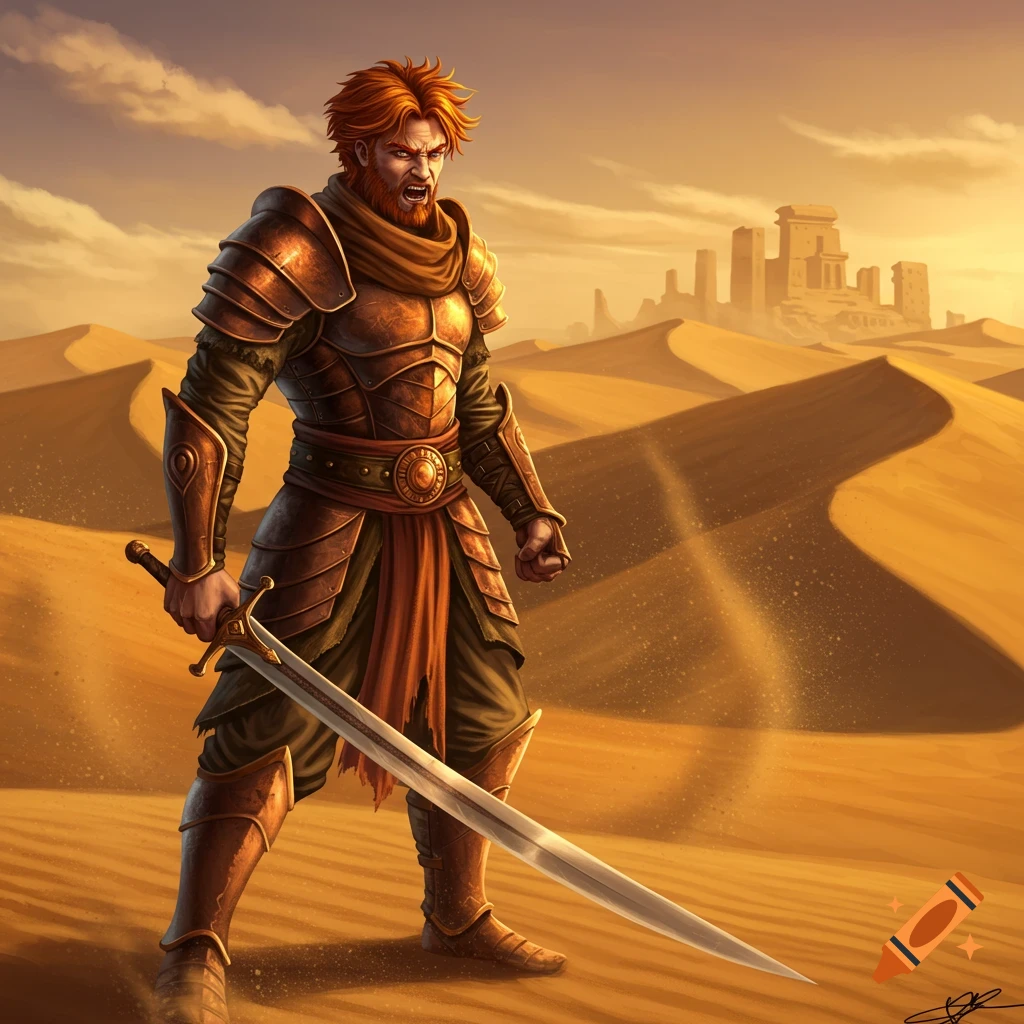 A red-haired desert warrior in intricate armor stands defiantly with a sword in a vast, sunlit desert with distant ruins.