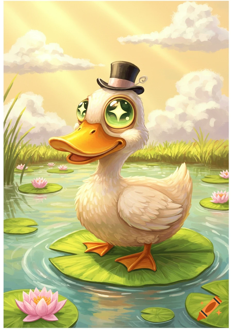 A cute cartoon duck wearing a top hat sits on a lily pad in a pond with pink lotus flowers under a sunny, cloudy sky.