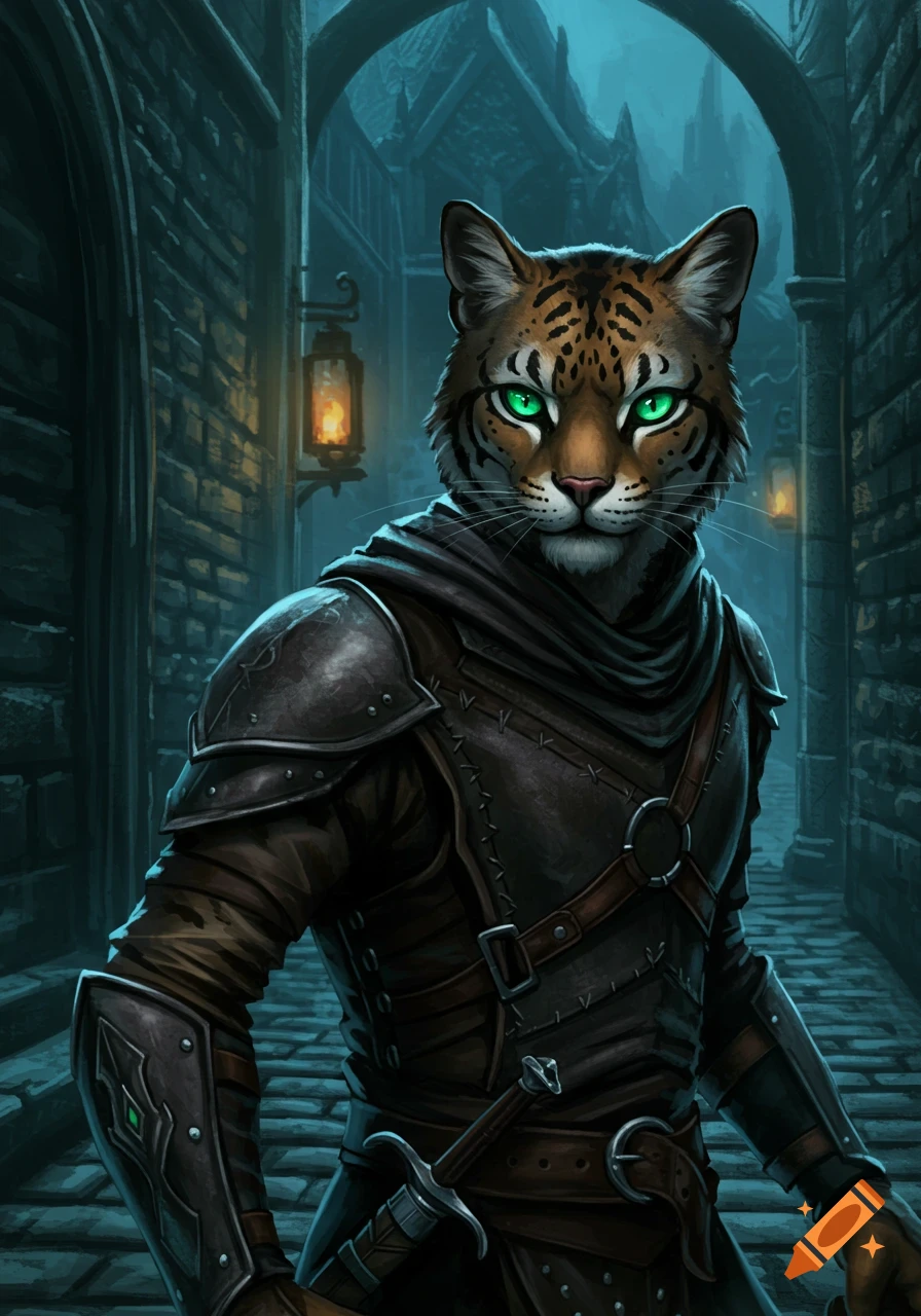 A fantasy illustration of an armored feline humanoid (Khajiit) with glowing green eyes, holding a sword in a dimly lit stone alley.