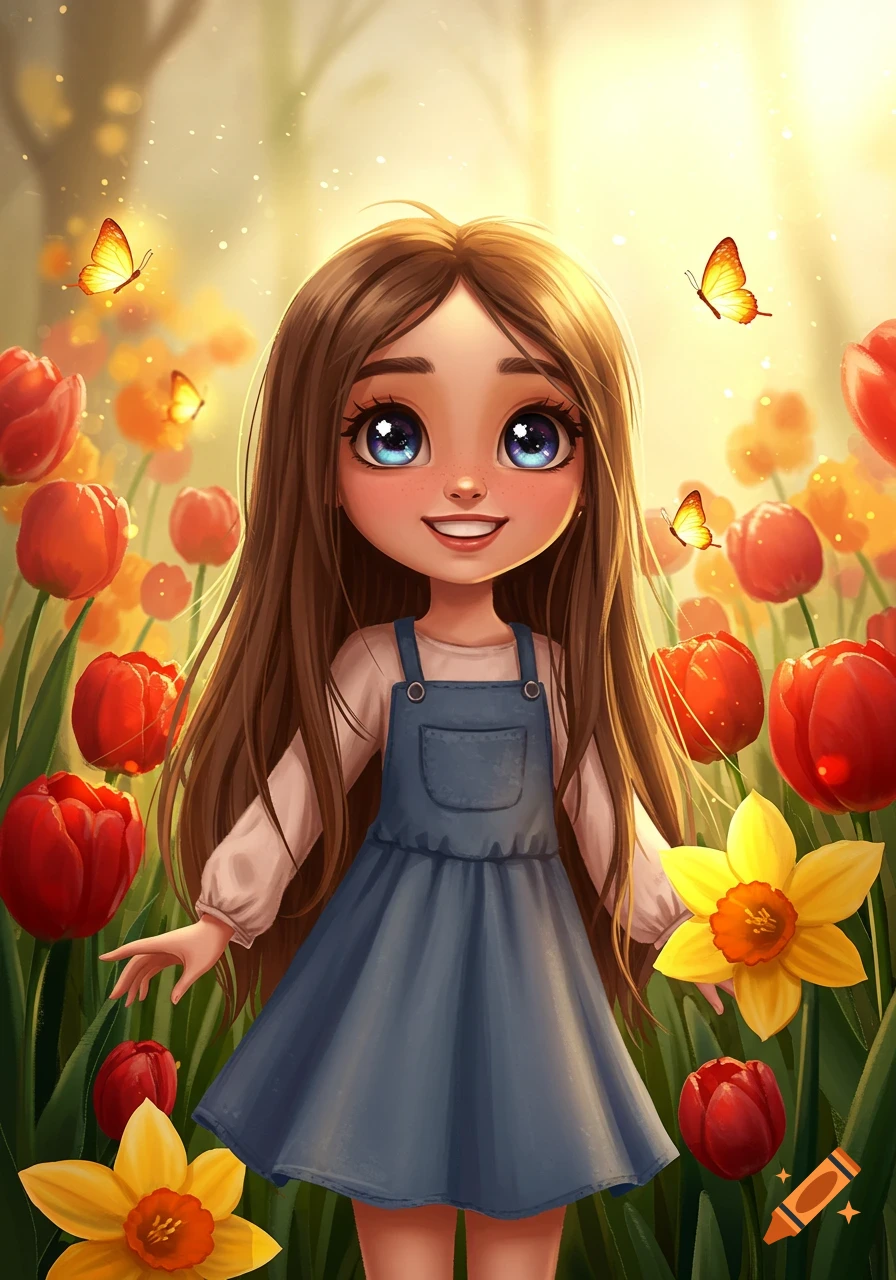 A smiling cartoon girl with long brown hair stands in a vibrant field of red tulips and yellow daffodils with butterflies.
