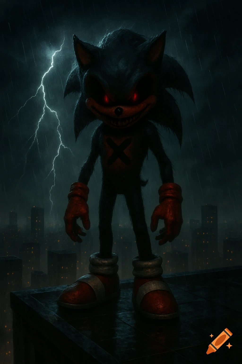 Dark, menacing Sonic.exe with red eyes and a red X on his chest stands on a rainy rooftop during a lightning storm over a city.