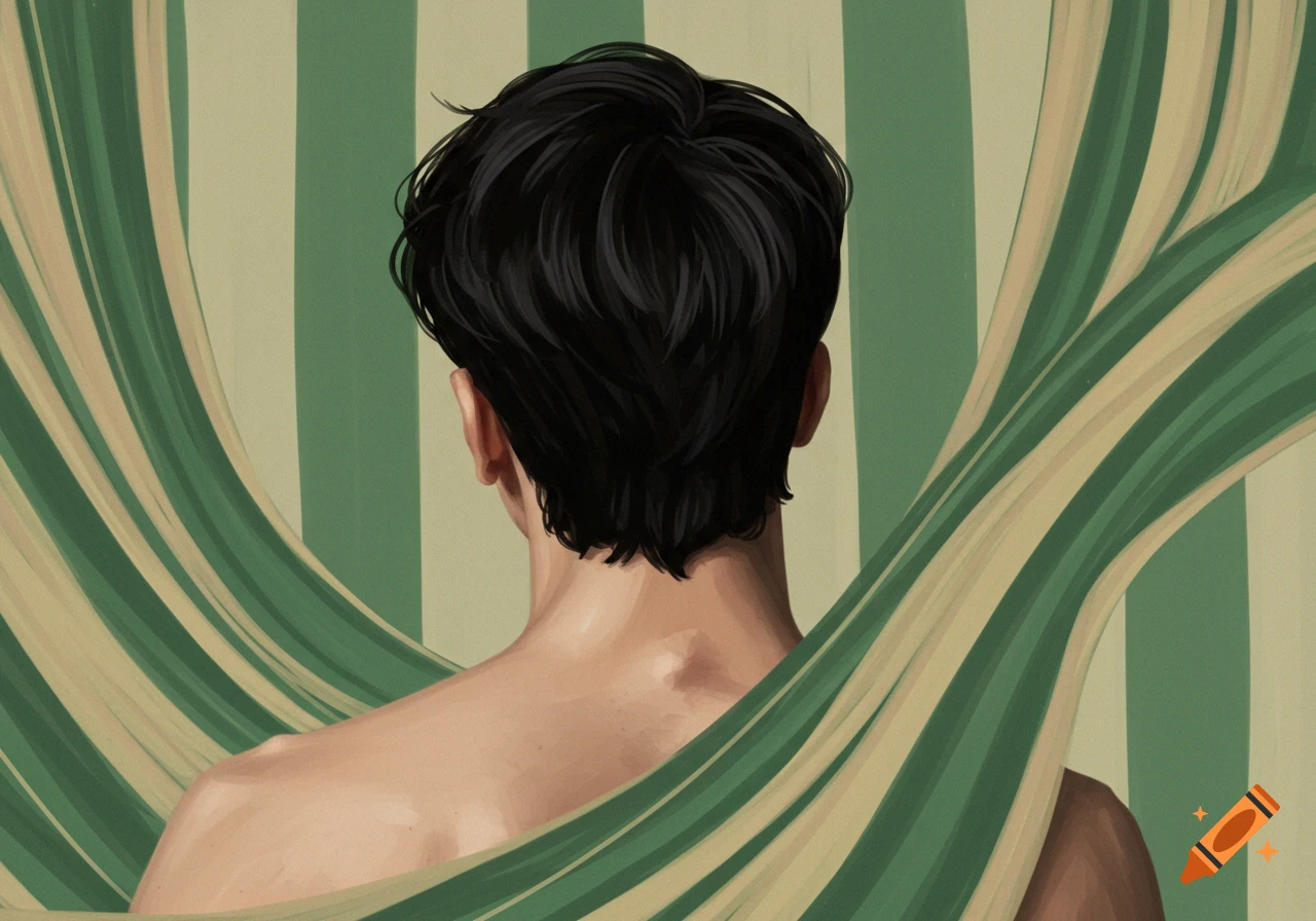 Illustration of a person's back with black hair, partially covered by green and beige striped fabric against a matching striped wall.
