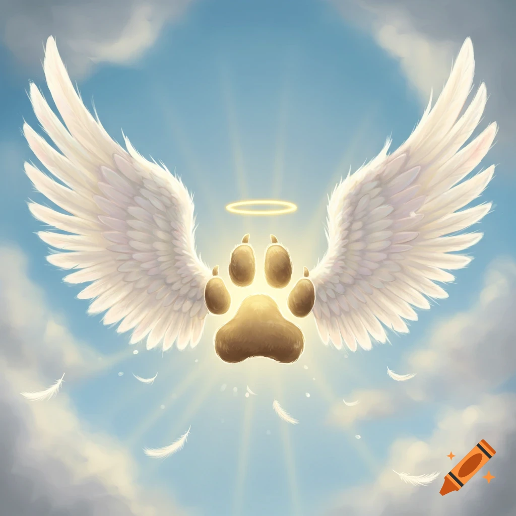 A brown dog paw with white angel wings and a golden halo floats in a bright blue sky with white clouds and falling feathers.