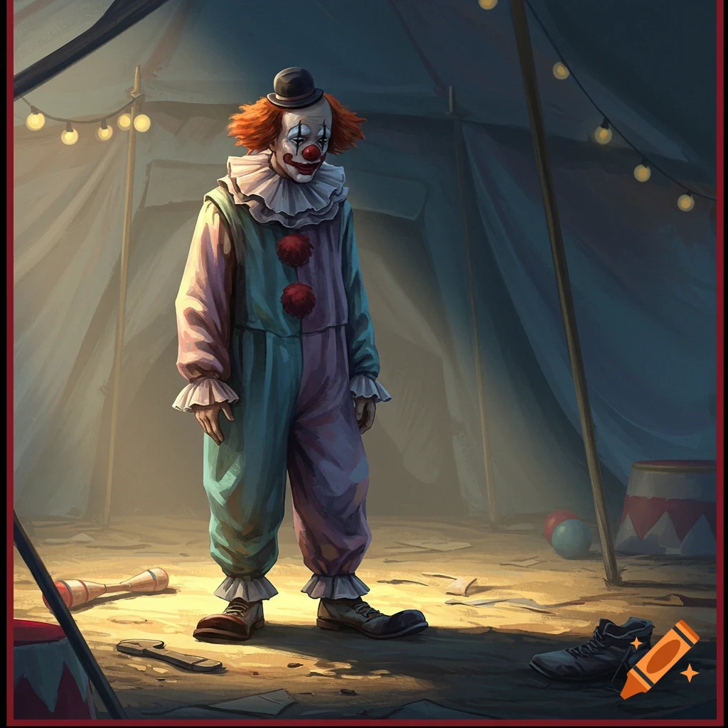 A sad clown in a ruffled, colorful costume and small hat stands in a dimly lit circus tent with props on the sandy ground, in an art illustration style.
