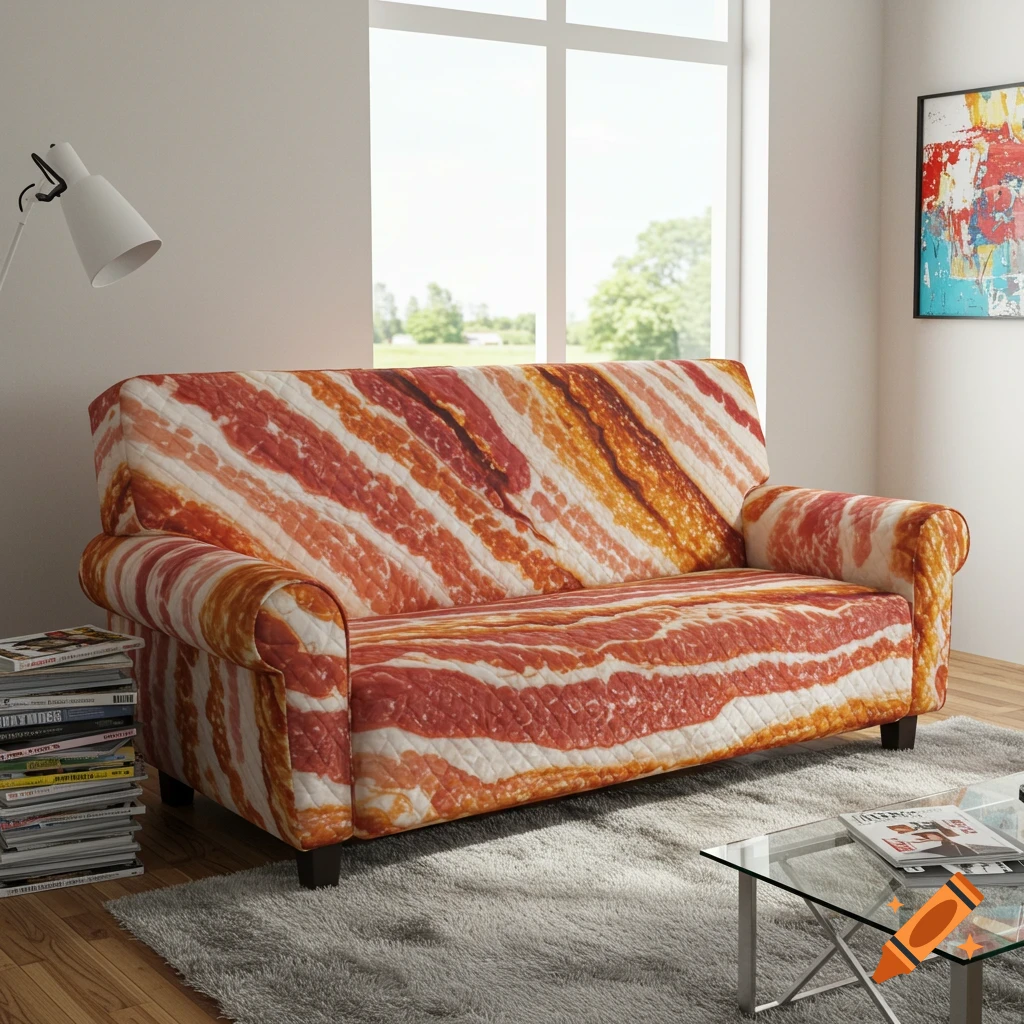 A realistic photo of a living room with a sofa covered in a vivid bacon strip pattern. A coffee table, rug, and window are also visible.