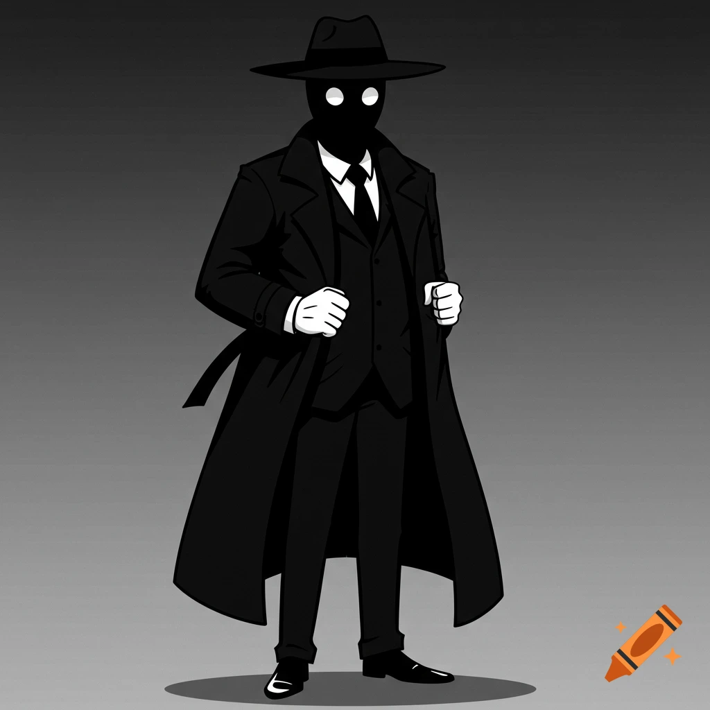 A 2D cartoon character in a black trenchcoat, suit, and fedora, with a black, faceless head and glowing white eyes.