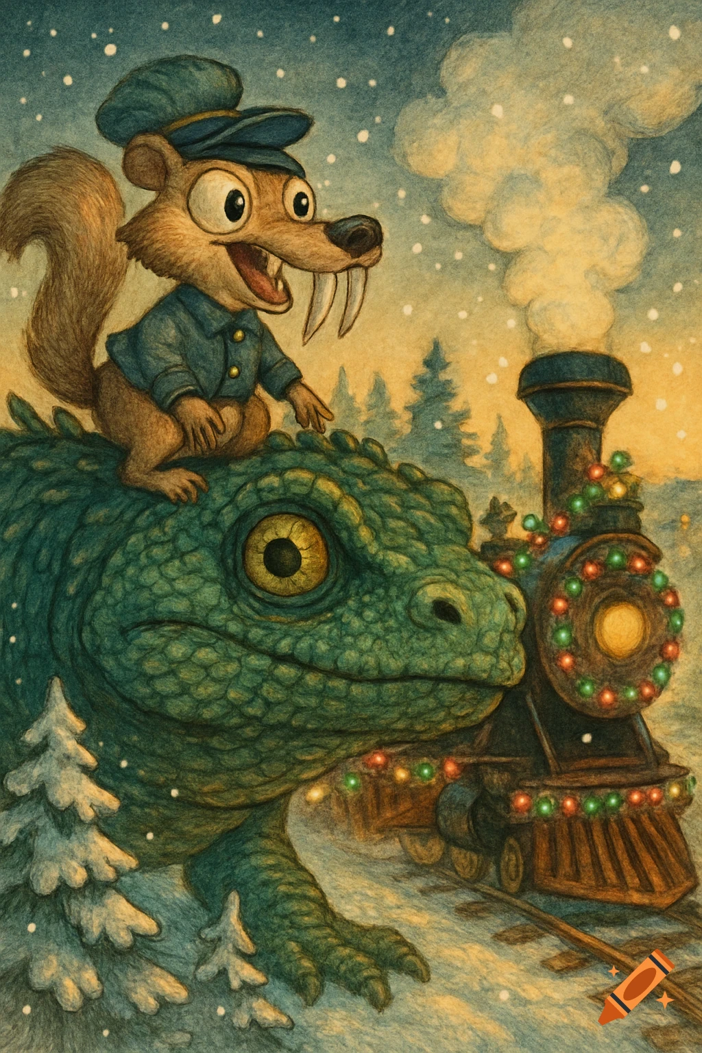 A cartoon sabertoothed squirrel rides a giant green lizard monster through a snowy landscape with a Christmas-decorated train.