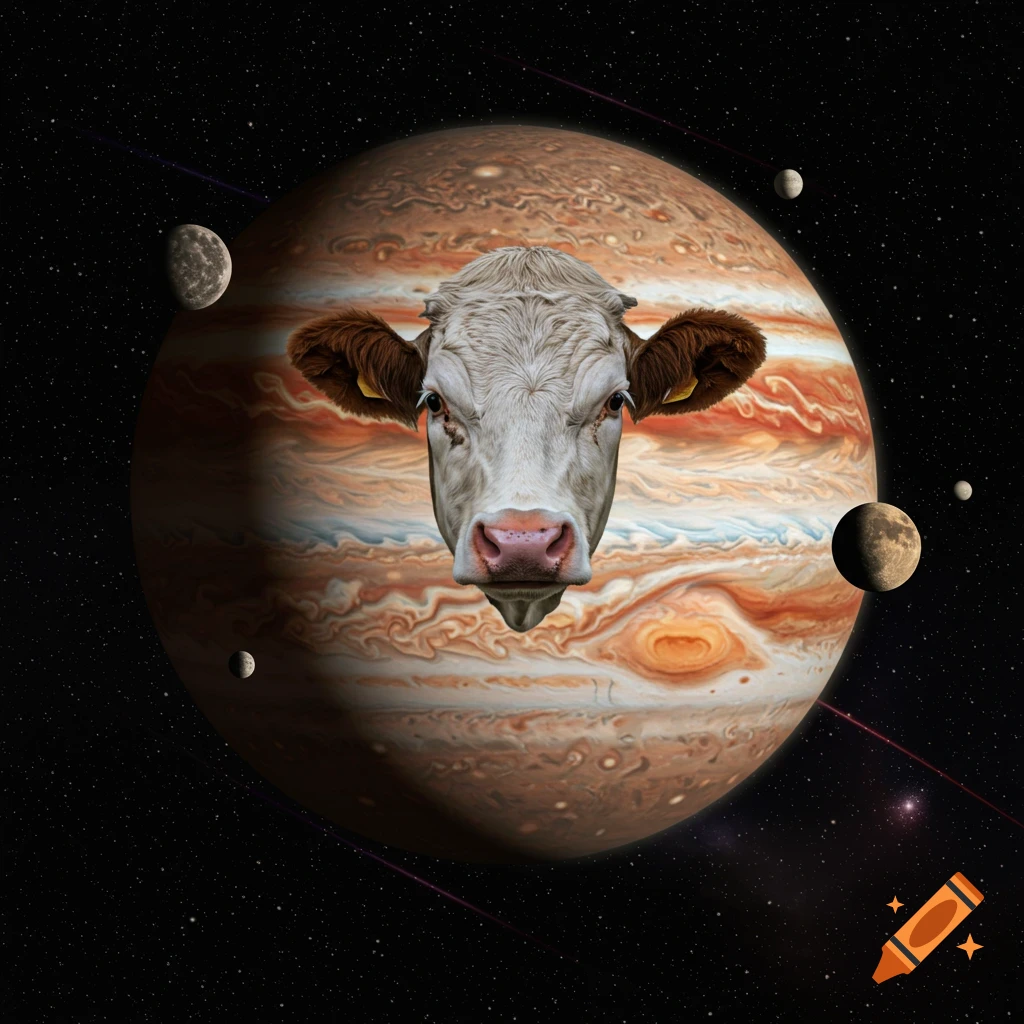 A photorealistic cow head floats in front of Jupiter in space, surrounded by moons.