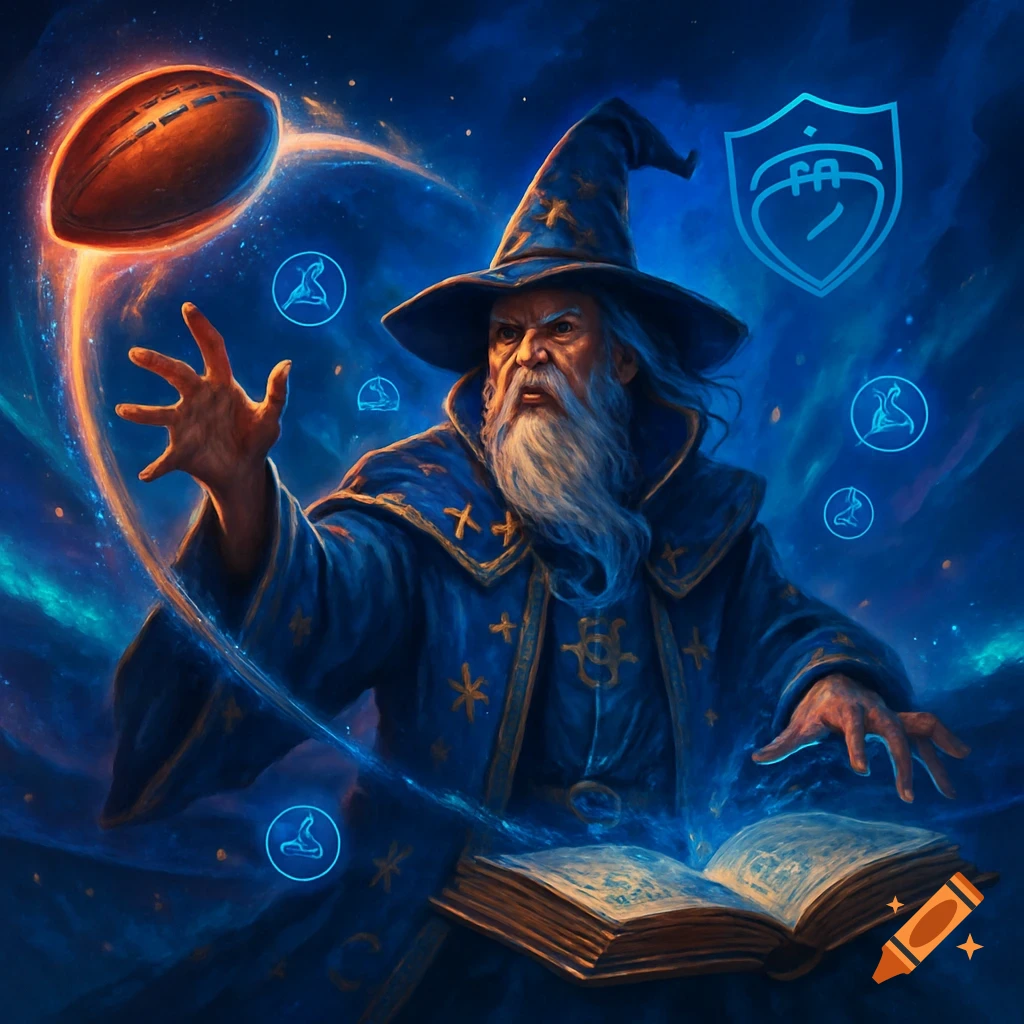 A powerful wizard in a blue robe conjures an American football with glowing magical energy, surrounded by cosmic blue skies.