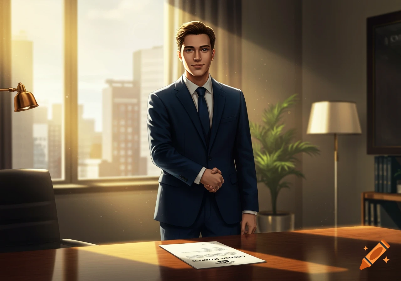 A young man in a navy suit stands behind a desk, shaking hands in a bright office with city view.