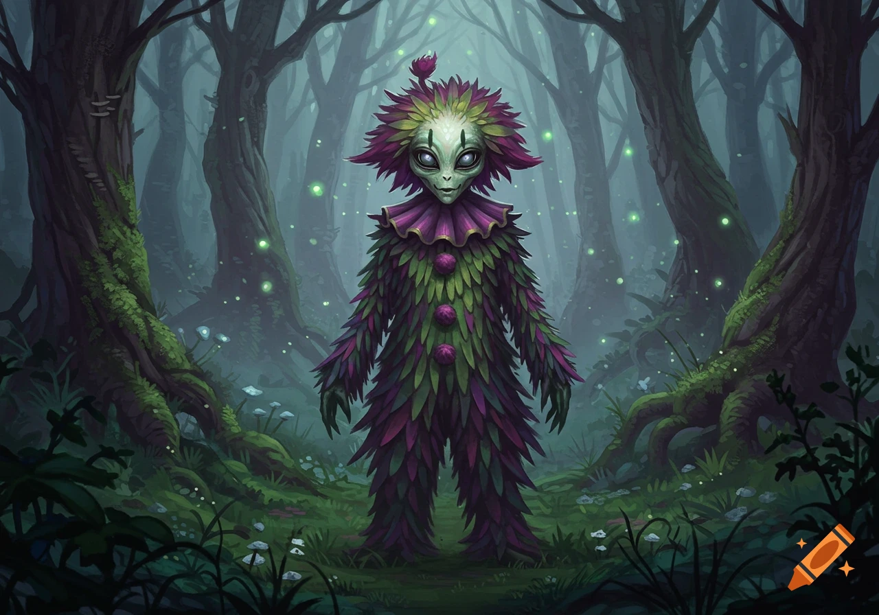A whimsical alien-like creature with a leafy, feathered body and a frilled collar stands in a misty, enchanted forest with glowing lights.
