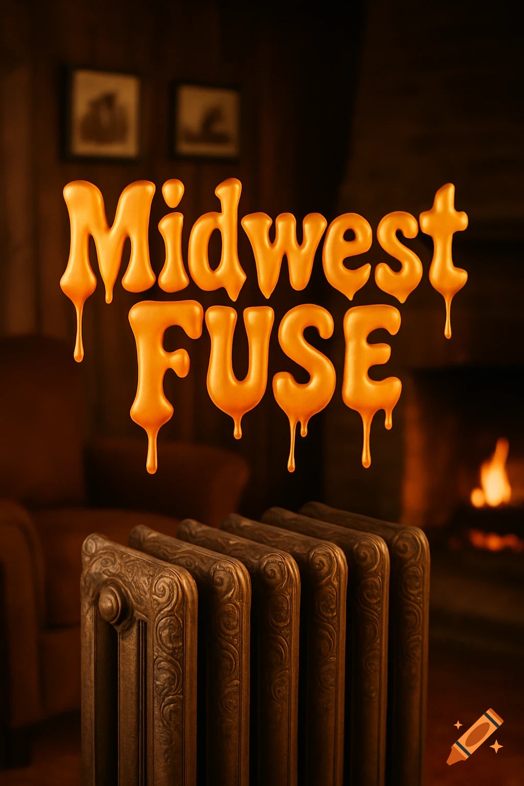 Orange melting text 'Midwest Fuse' above an ornate vintage radiator in a dimly lit, warm room.