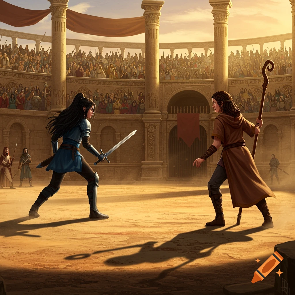Two women, one armored with a sword and one with a staff, face each other in a grand arena before a cheering crowd.