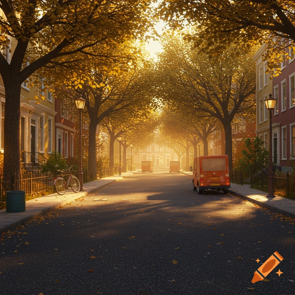 A sunlit street in autumn, lined with yellow-leafed trees and colorful houses, with a few delivery vans and a bicycle on the sidewalk.