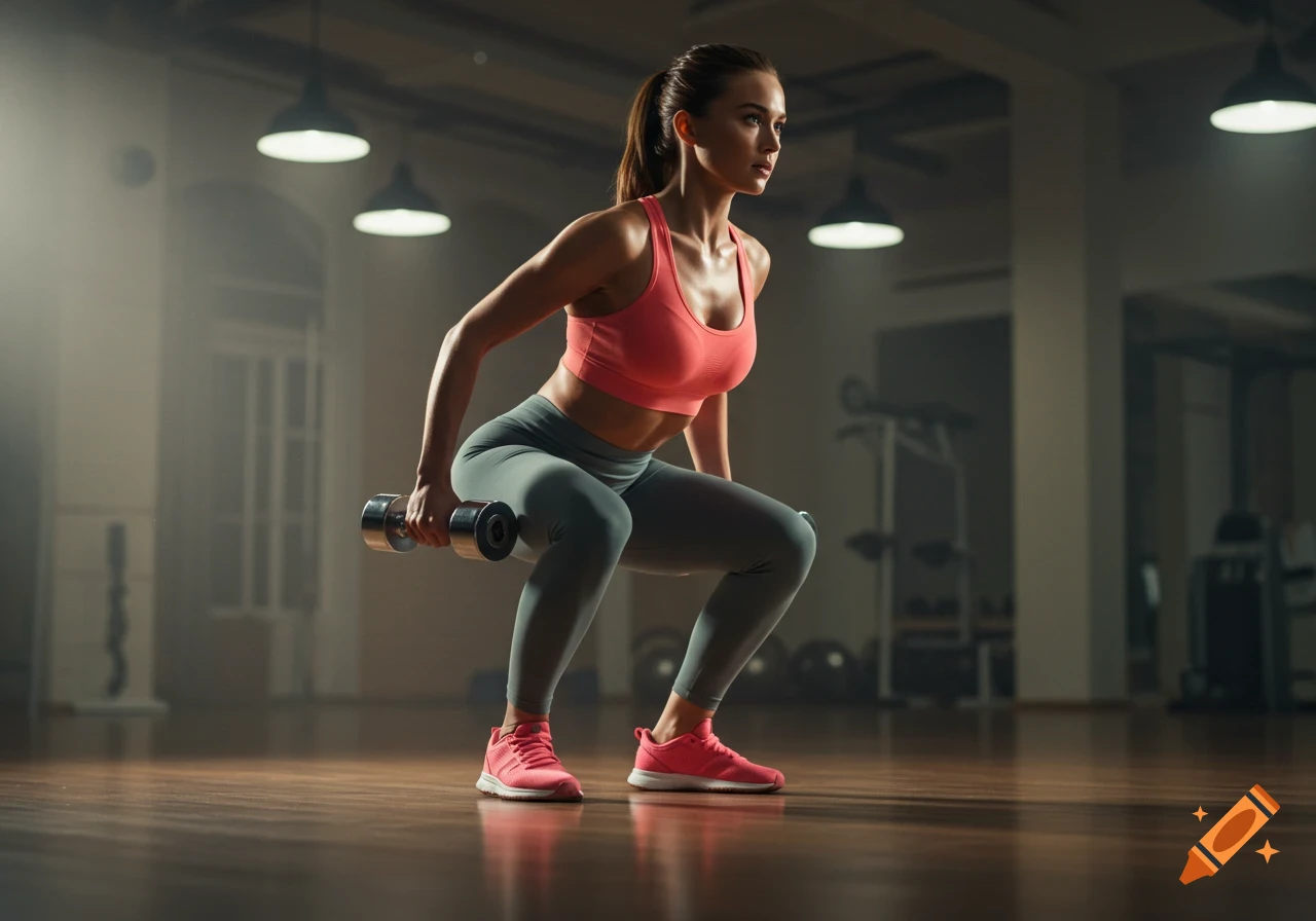 Photorealistic image of a woman in a sports bra and leggings performing a dumbbell squat in a gym.