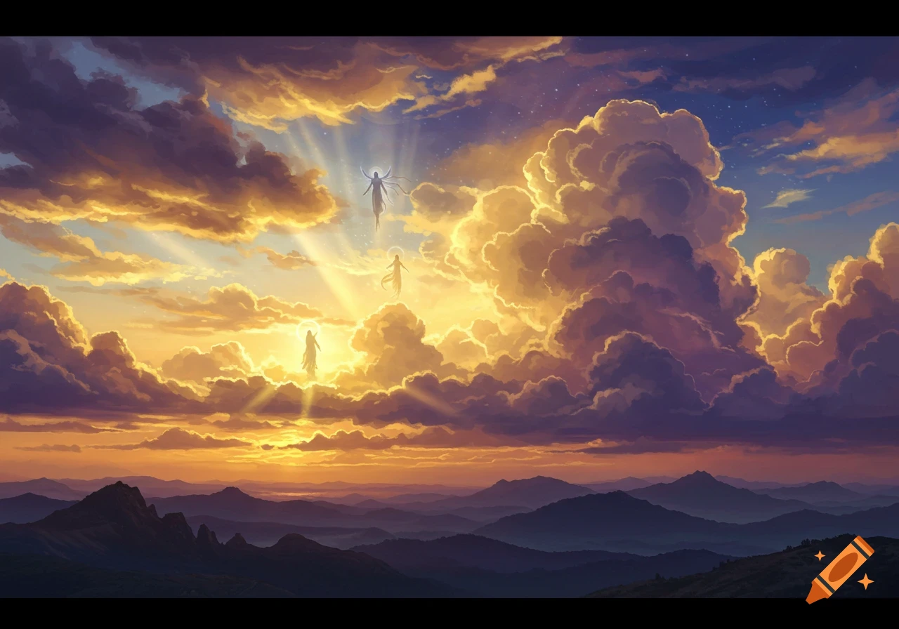 Ethereal figures float among dramatic, glowing clouds during a mountain sunset.