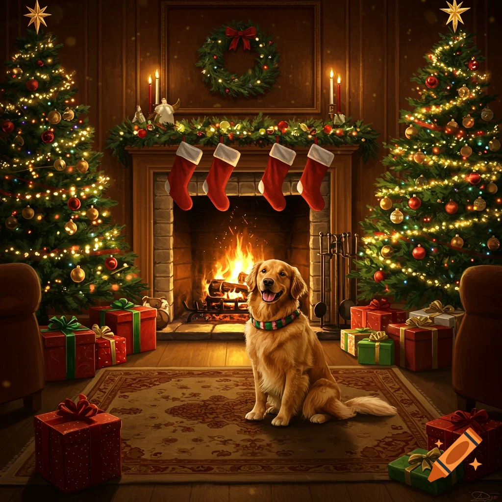 A Golden Retriever dog sits on a rug in a cozy Christmas living room with a lit fireplace, two decorated trees, and presents.