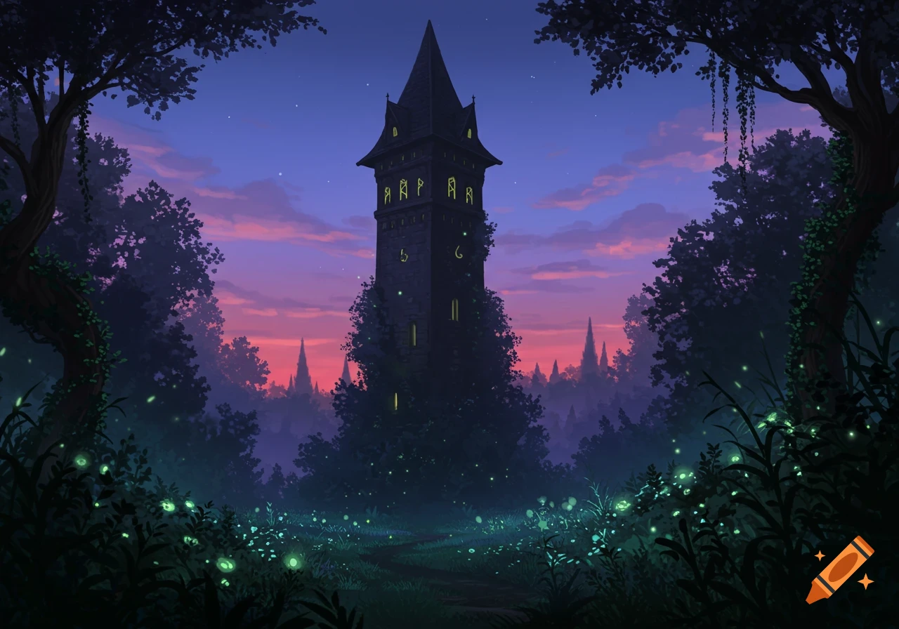 A dark, spired wizard tower in a lush forest with glowing plants under a purple and pink twilight sky, digital art.