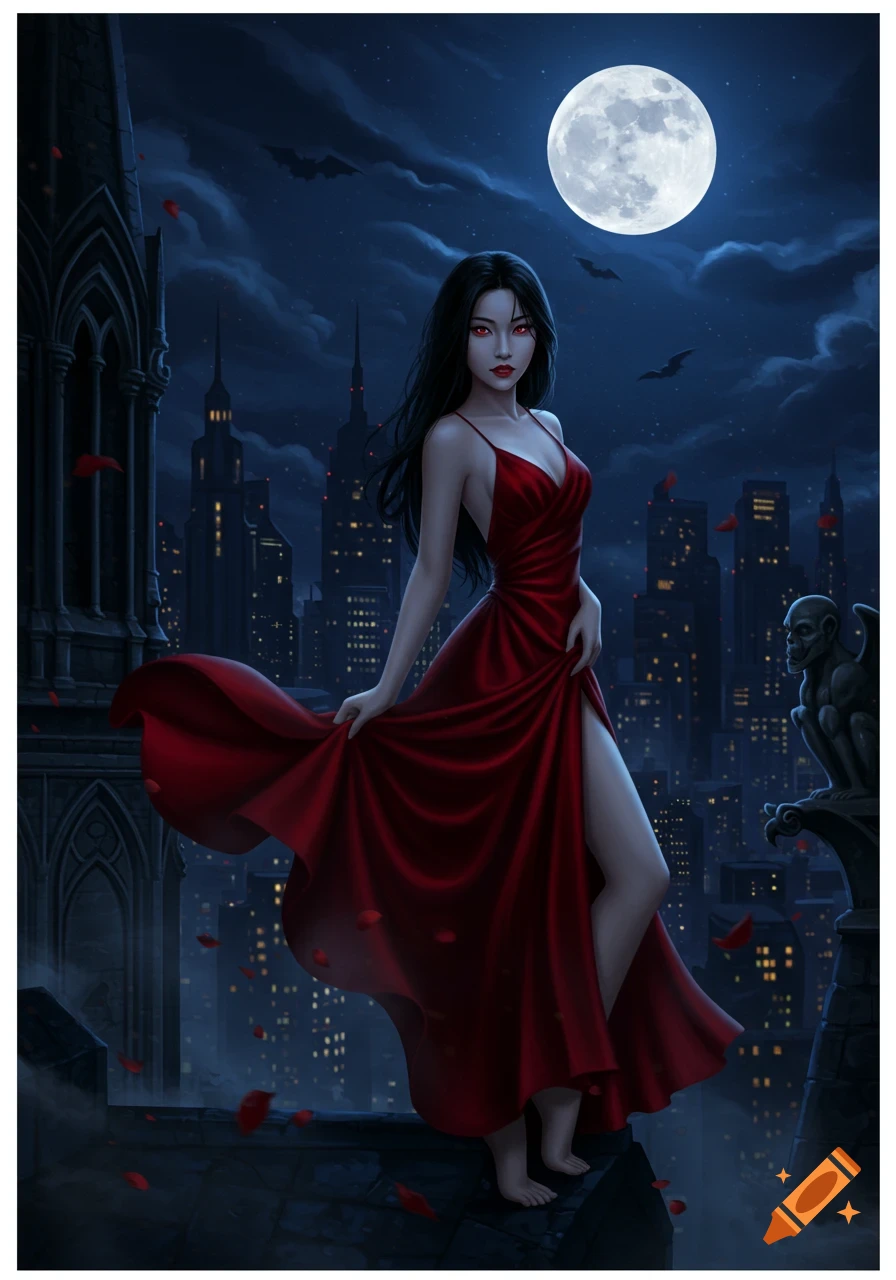 A vampire woman in a red dress on a gothic rooftop overlooks a city at night under a full moon, with a gargoyle.