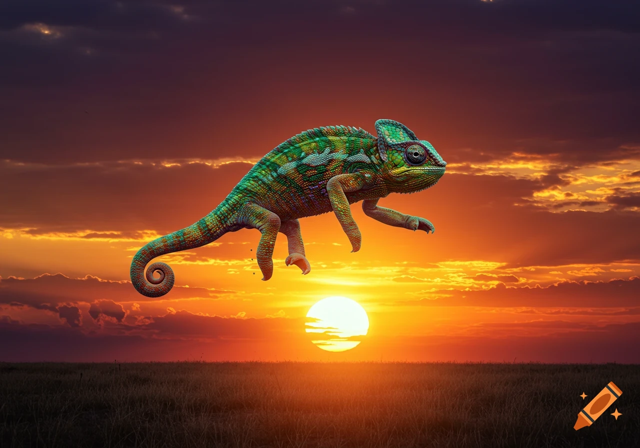 A vibrant green and orange chameleon floats above a grassy field at sunset, with a large, bright sun on the horizon.