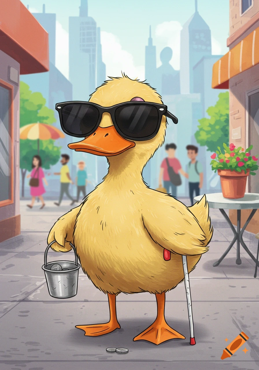 A cartoon blind duck wearing sunglasses holds a bucket for change and uses a walking stick on a city sidewalk.