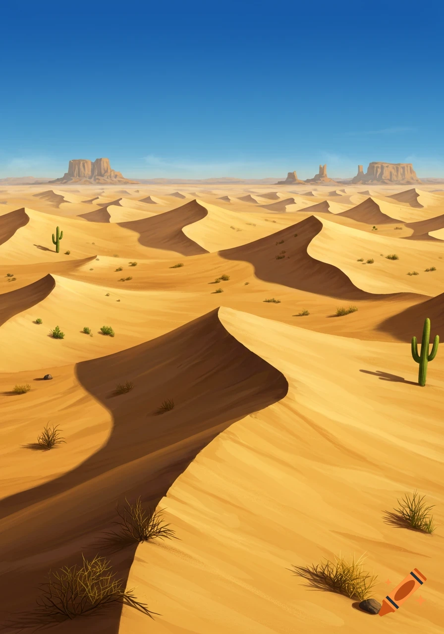 Stylized illustration of a vast desert landscape with rolling sand dunes, scattered green bushes, cacti, and flat-topped mesas under a clear blue sky.