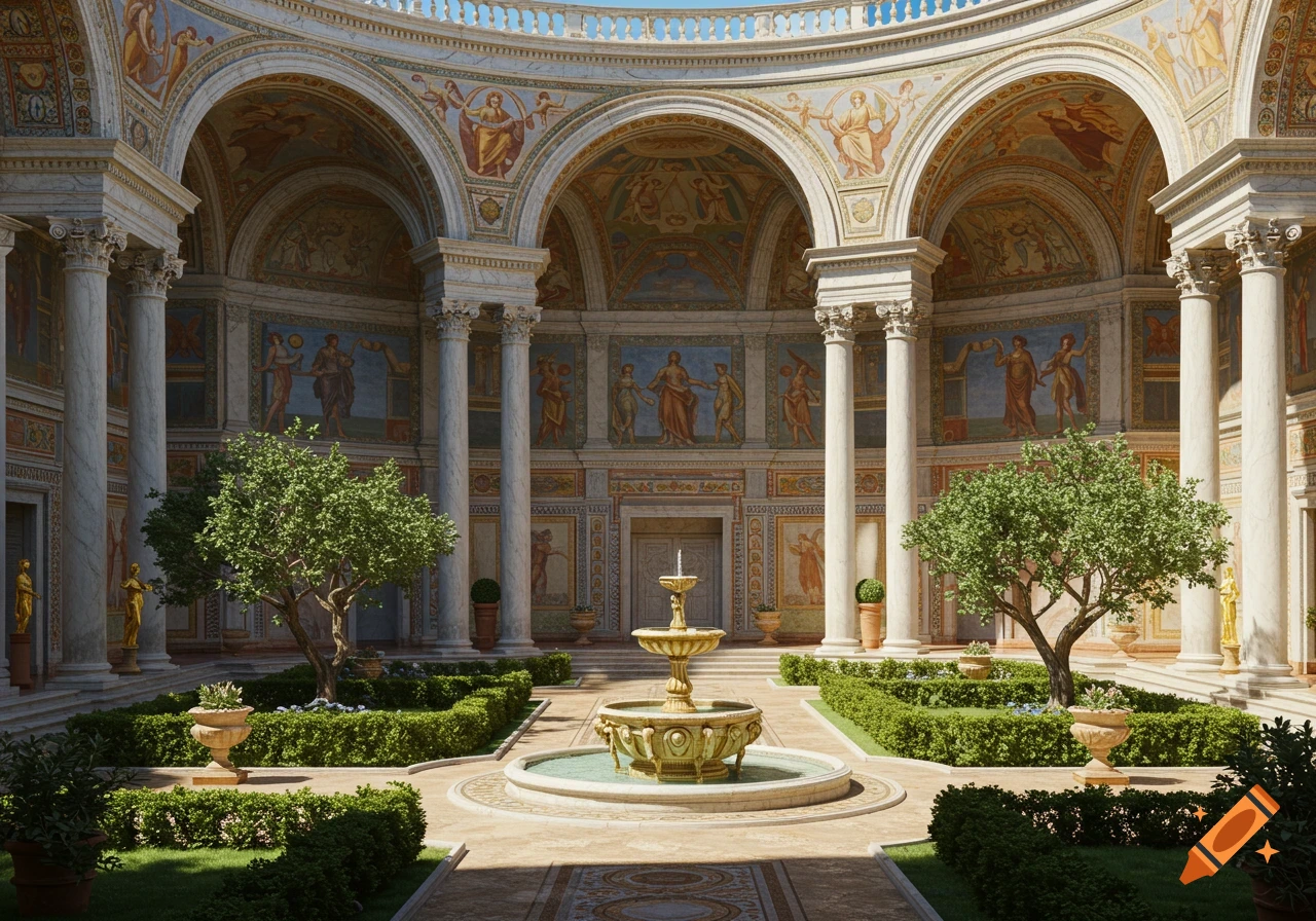 Photorealistic ornate Roman palace courtyard with a grand fountain, manicured hedges, and classical murals.