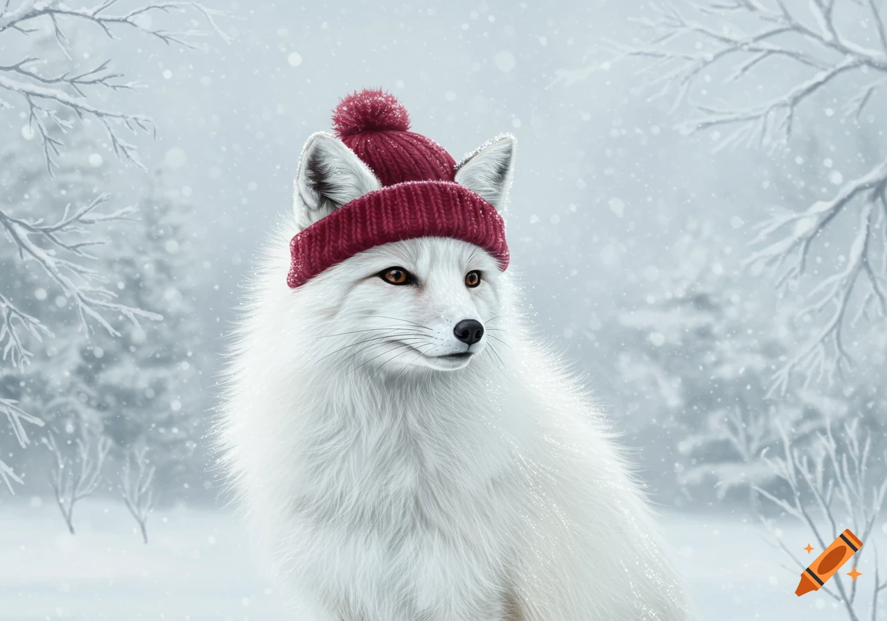 A photorealistic white fox wearing a red knit hat in a snowy winter forest, looking to the right.