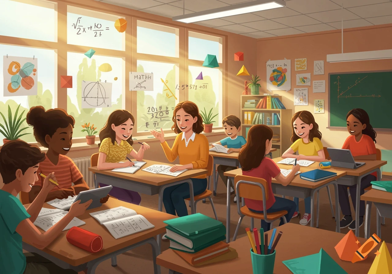 An illustration of a diverse group of elementary school students and a teacher in a bright, sunlit classroom during a math lesson.