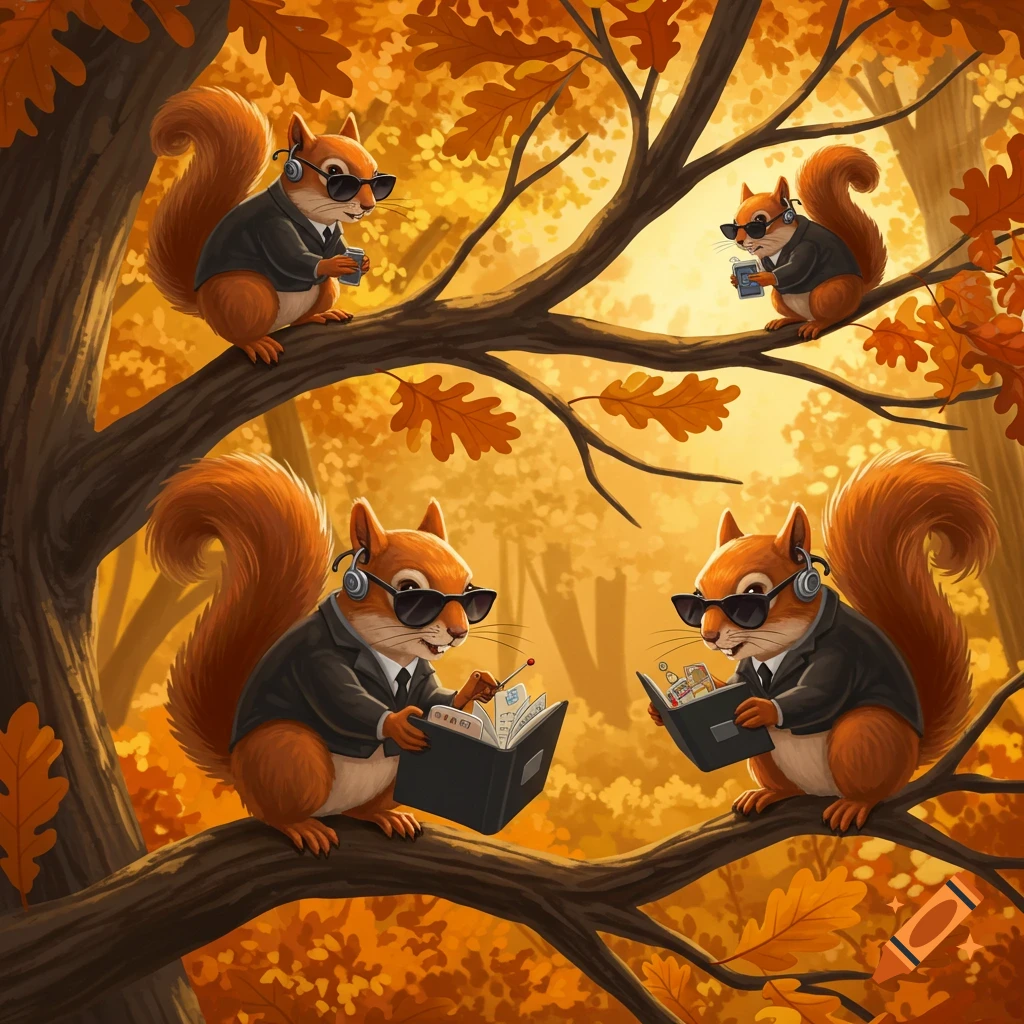 Four anthropomorphic squirrels dressed in suits and sunglasses, acting as secret agents, read books and hold devices in an autumn forest.