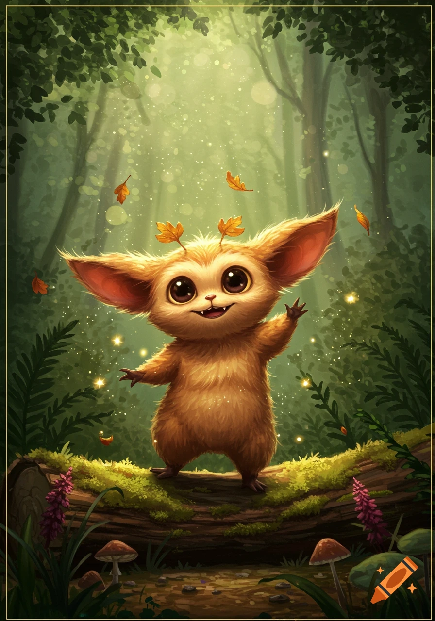 A cute, fluffy orange creature with big eyes and ears smiles, standing on a mossy log in a magical forest with glowing particles.