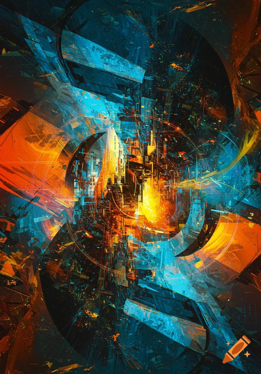 Vibrant abstract digital art with fragmented orange and blue shapes, glowing lines, and a deconstructed, futuristic feel.