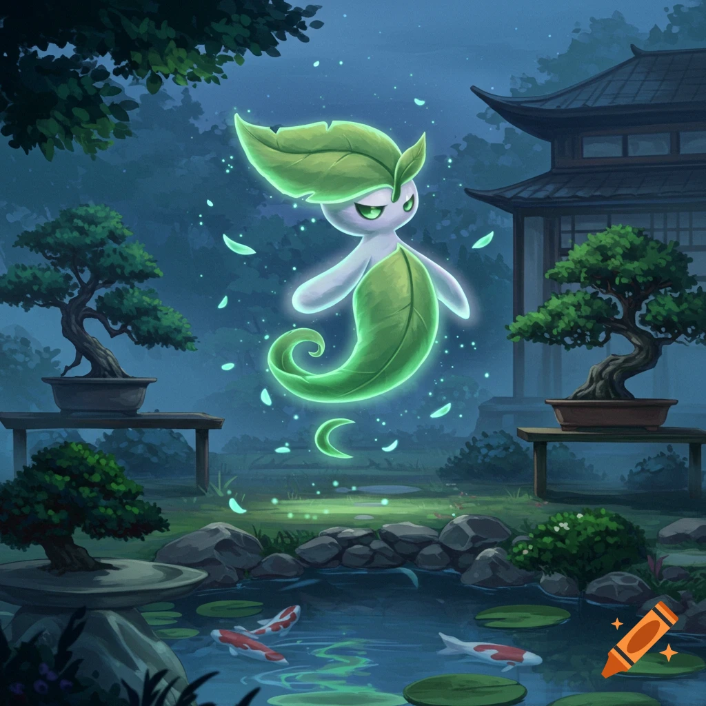 Glowing, leaf-like creature floating over a pond with koi fish in a mystical Japanese garden with bonsai trees and a traditional building.