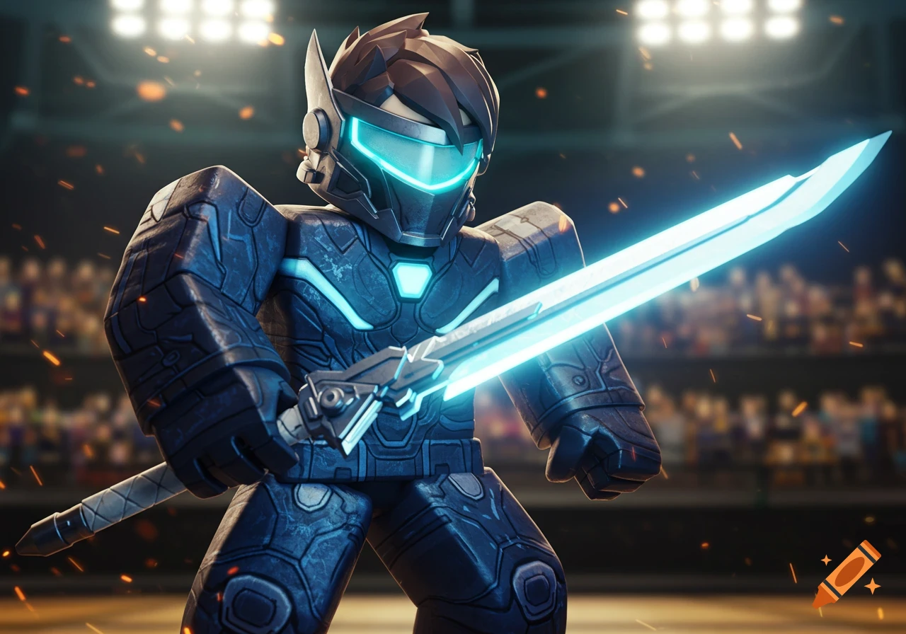 A Roblox-style character in dark, futuristic armor with blue glowing accents holds a glowing blue sword in a stadium.