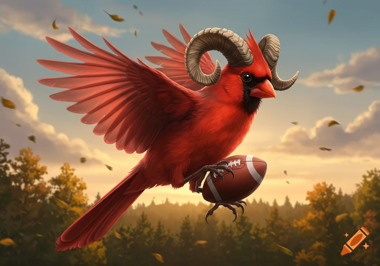 A majestic red cardinal with ram horns flies through an autumn sky, clutching a football in its talons. Detailed illustration.