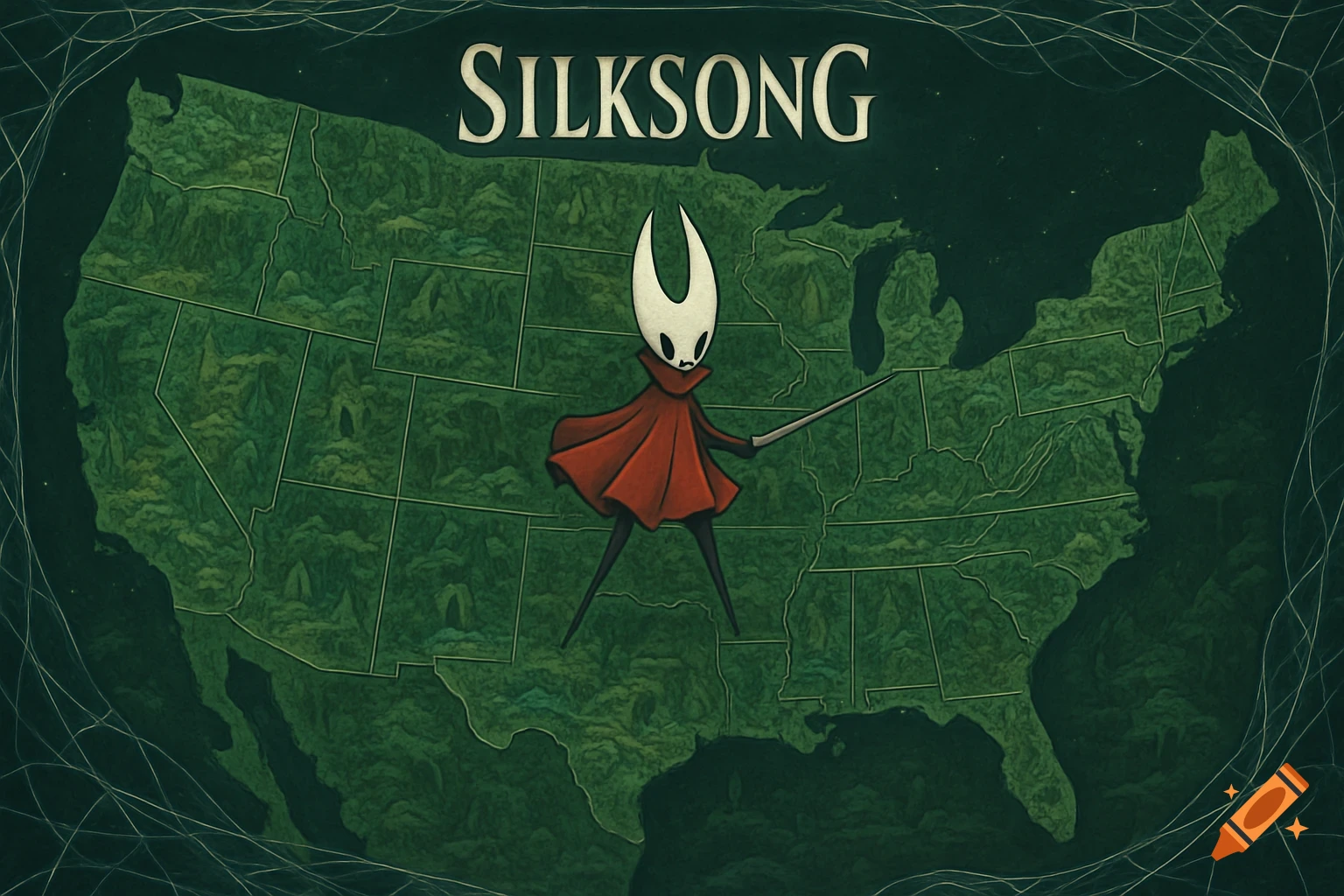 Hornet from Silksong stands atop a stylized green map of the United States, with 'SILKSONG' written above.
