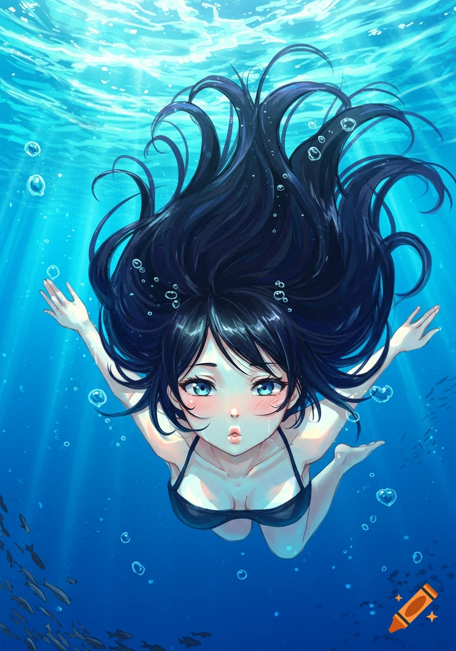An anime girl with long black hair floats in deep blue water, looking up at the viewer, with light rays and fish in the background.
