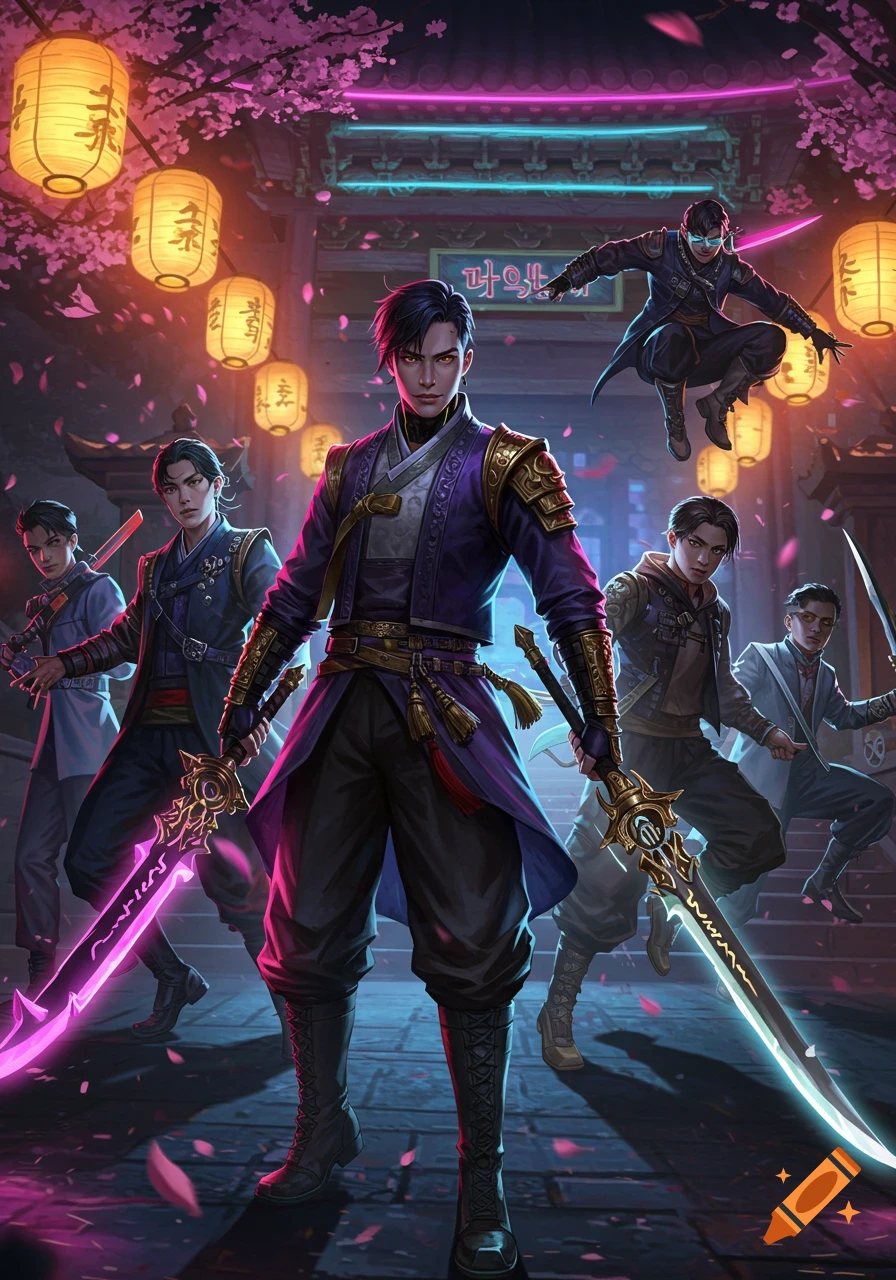 A group of male K-pop inspired demon hunters in a neon-lit, cherry blossom-filled East Asian street, holding glowing swords. The central figure wears a purple outfit.