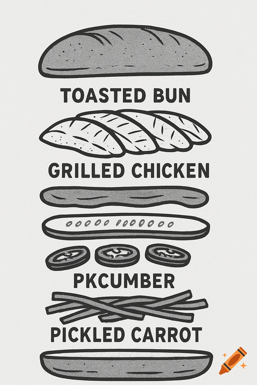 Greyscale infographic showing sandwich layers: toasted bun, grilled chicken, cucumber, and pickled carrot.