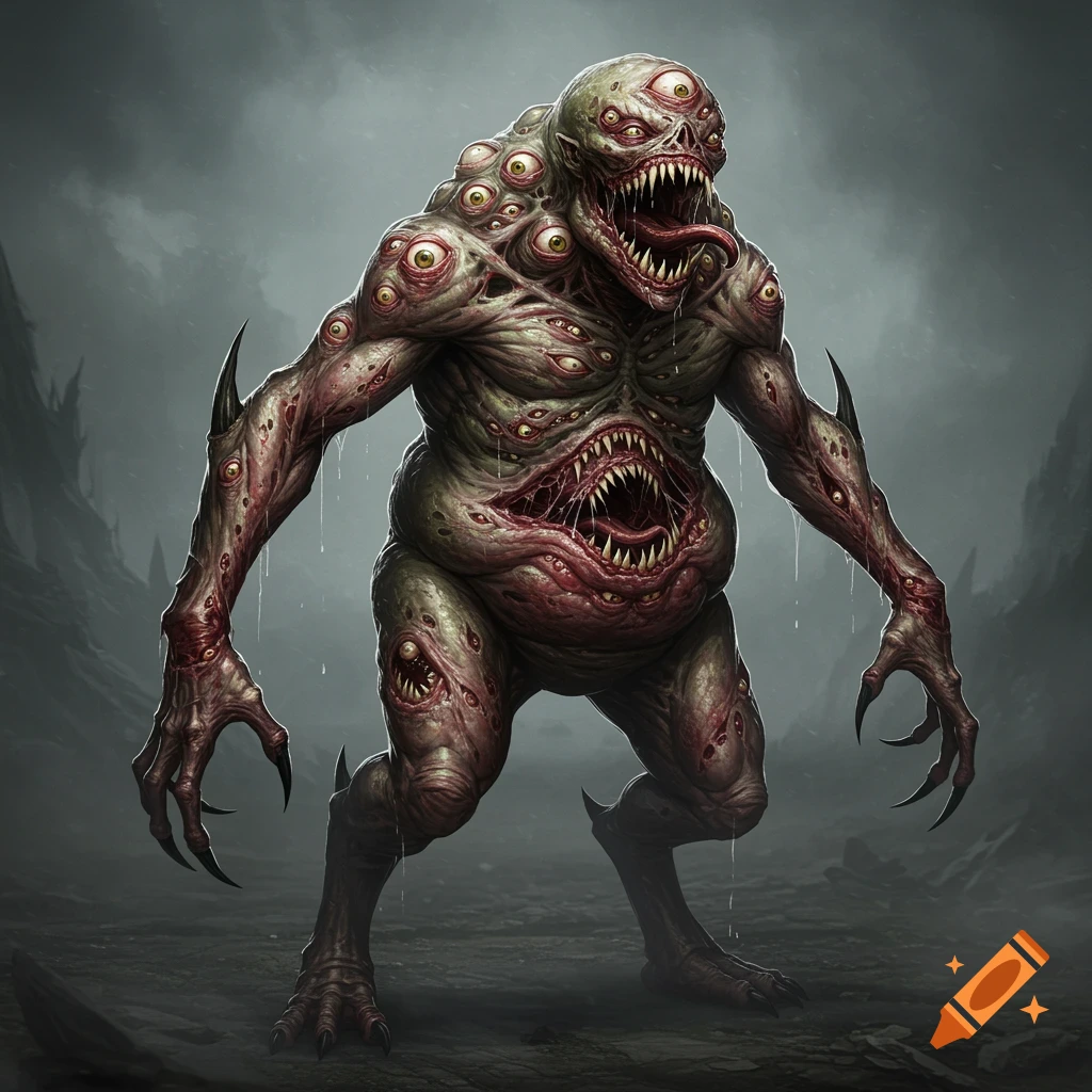 A grotesque, multi-eyed and multi-mouthed monster with sickly skin and sharp claws stands in a dark, desolate landscape.