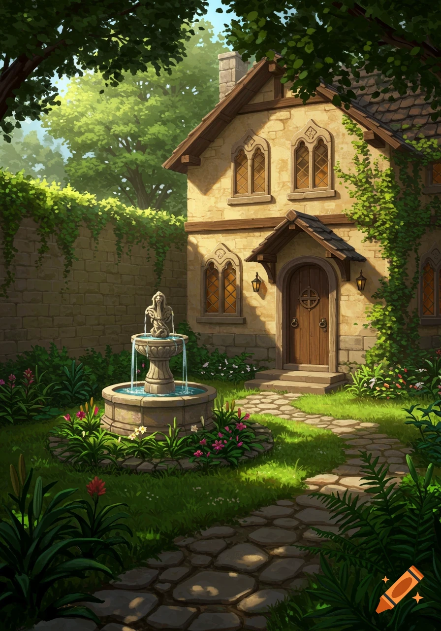A charming, stone-walled cottage with a lush garden, fountain, and stone path, depicted in a fantasy illustration style.