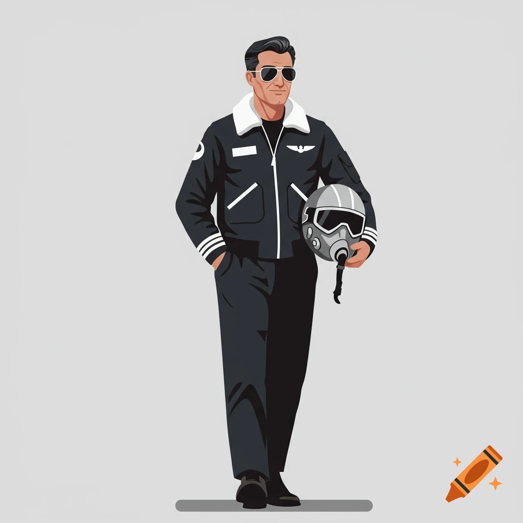 An illustrated man dressed as a pilot, wearing aviator sunglasses and holding a sci-fi helmet, with one hand in his pocket.