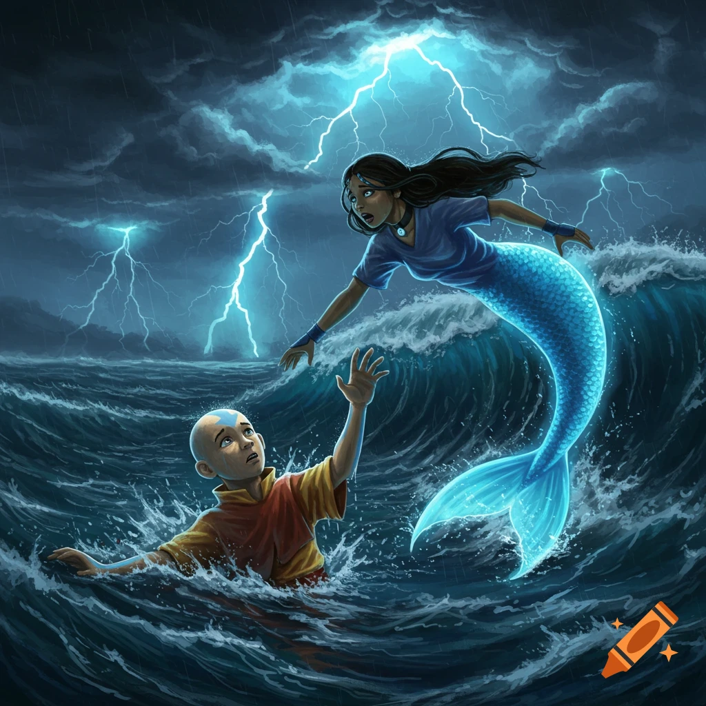 Aang struggles in a stormy sea as a mermaid Katara reaches to save him amidst lightning.