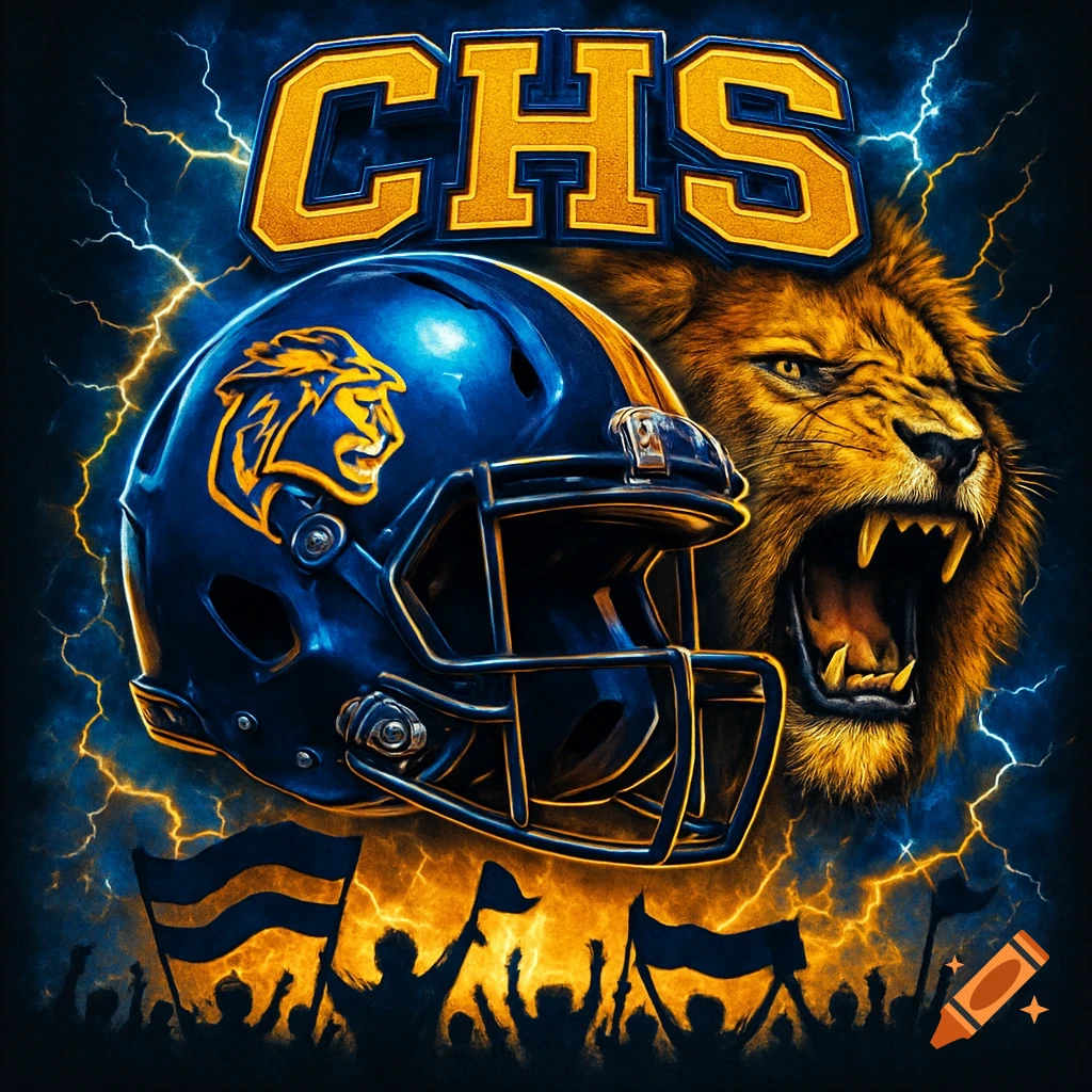 A blue football helmet with a gold lion logo, a roaring lion, and the letters CHS above, surrounded by lightning and silhouetted cheering fans with flags.