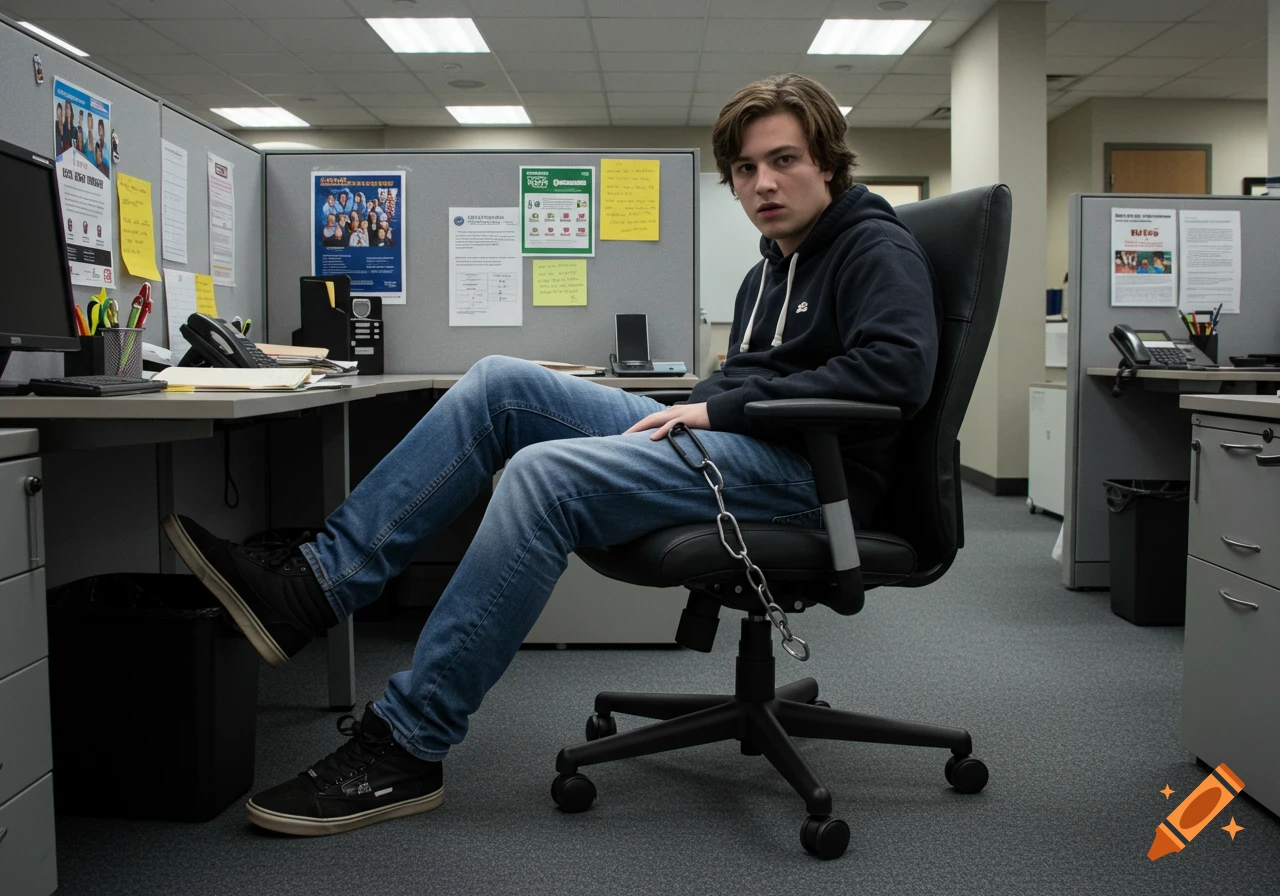 A young man in a dark hoodie and jeans sits in an office chair in a cubicle, looking at the camera. A chain links his jeans to the chair.