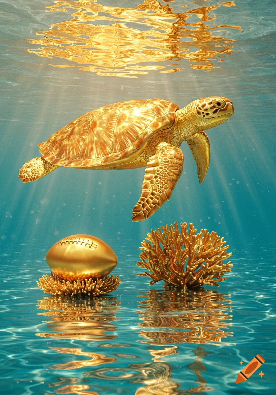 A golden turtle swims above a golden football and coral underwater with sunlight and reflections.