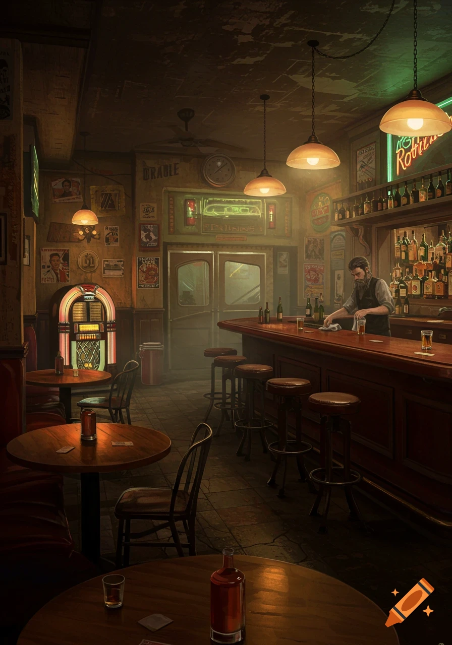 A cozy, dimly lit dive bar interior with a bartender wiping the counter, a jukebox, and empty tables.