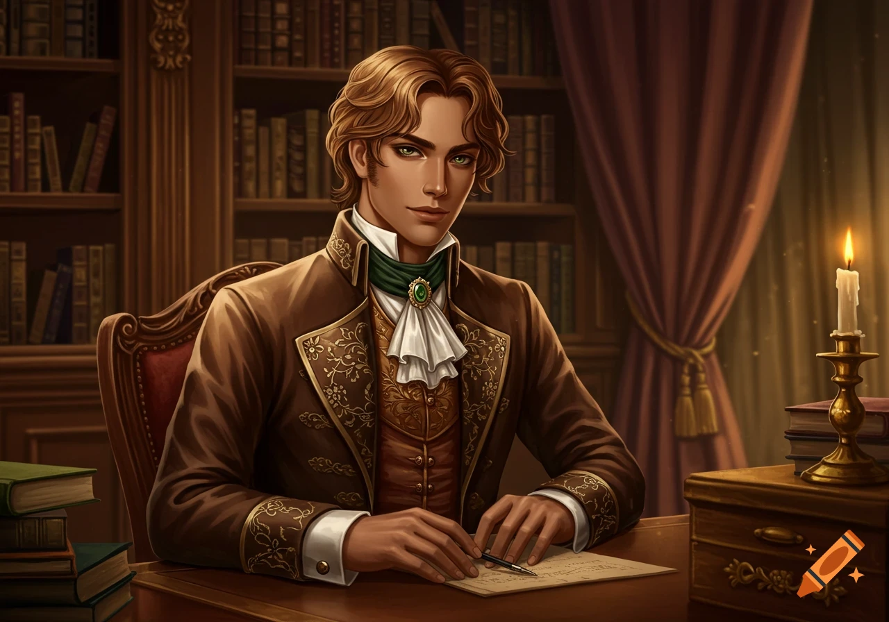 A handsome young man in 1800s formal wear writes at a candlelit desk in a study, surrounded by books, in an illustrative style.