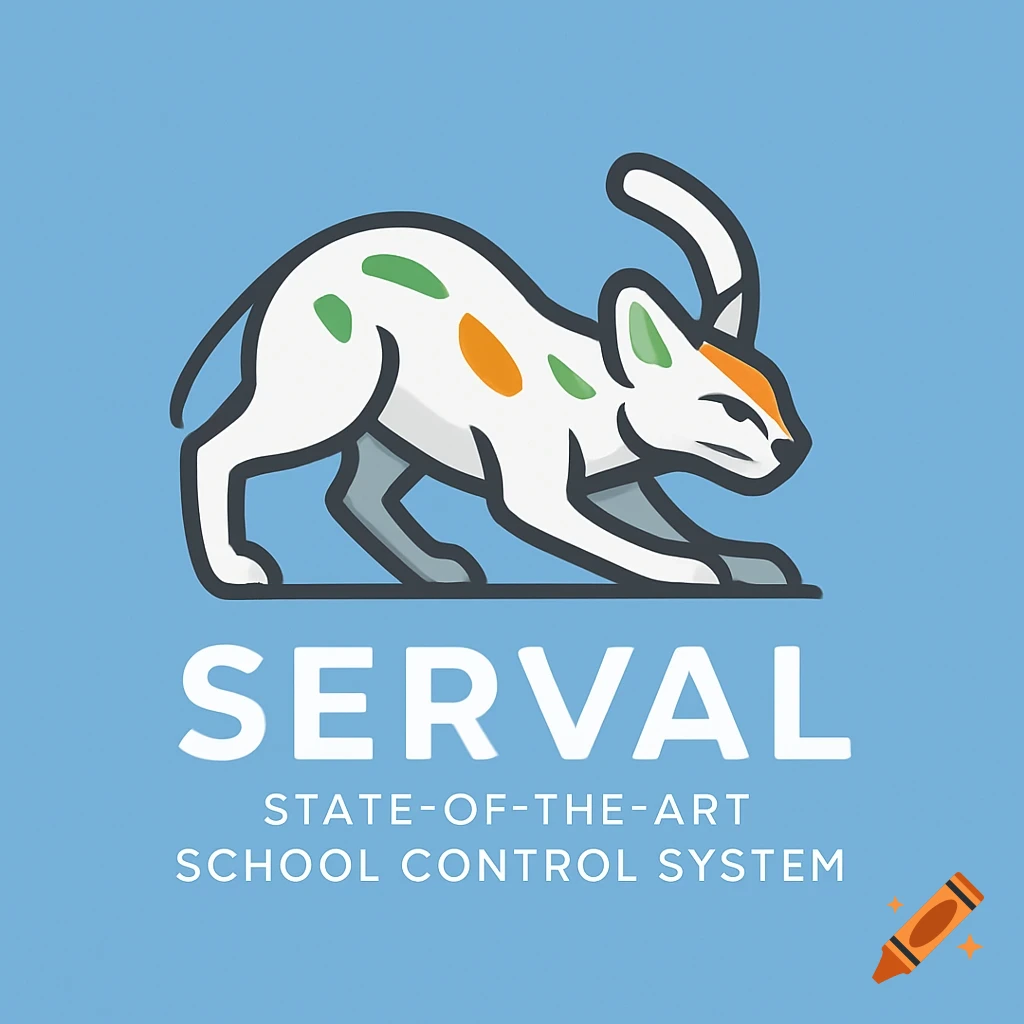 A minimalist logo featuring a white serval with green and orange spots, crouching on a light blue background. Below it, text reads "SERVAL STATE-OF-THE-ART SCHOOL CONTROL SYSTEM".